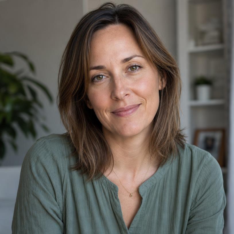Jenn, 38, smiling gently in her home