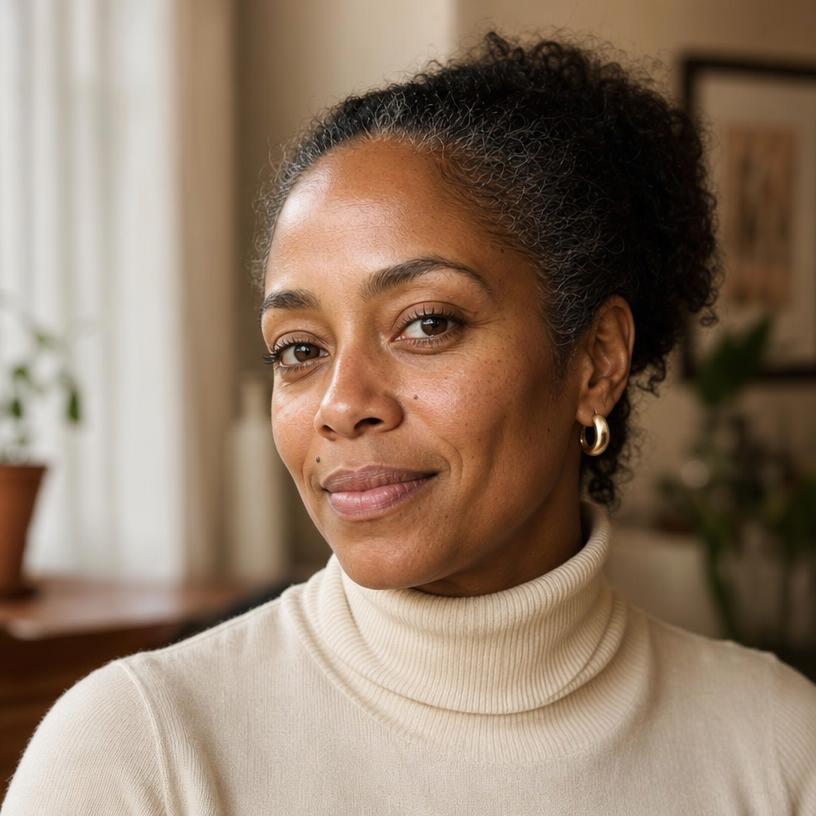 Marisol, 45, in a cream turtleneck at home