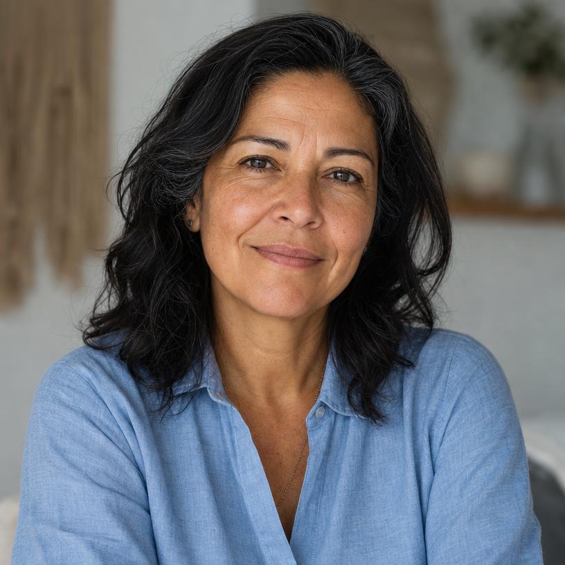 Elena, 51, in a blue linen shirt at home